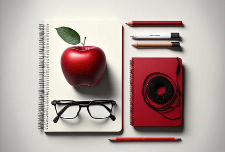 On a white backdrop a red apple headphones laptop spiral notebook and spectacles are displayedの素材