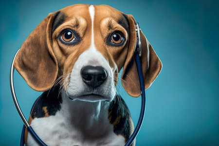 Veterinarian beagle dog with stethoscope on a blue backdrop in a studio with copy roomの素材