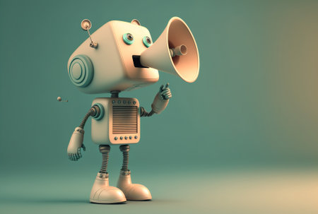 Online marketing idea featuring a little adorable robot holding a megaphone without its legsの素材