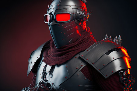 privacy barrier a man wearing armor and wearing red glasses and the concepts of safety and securityの素材