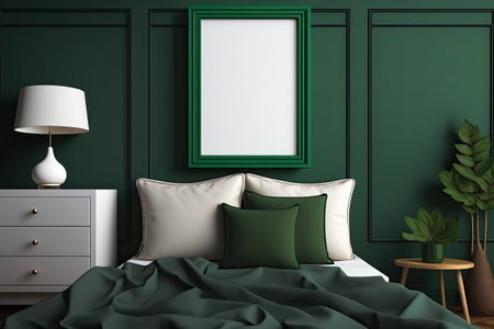 mock-up frame with dark green bedroom interiorの素材
