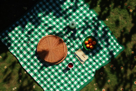 Top shot of a picnic tablecloth on grass. Room for textの素材