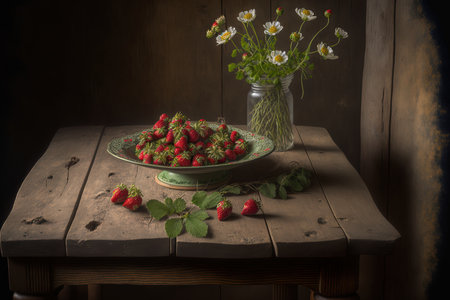 Old wooden table with strawberries in a dish and a flower branch at the top perspectiveの素材