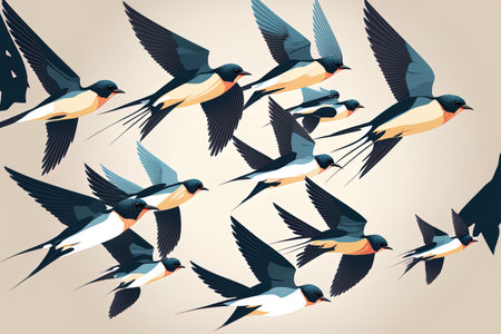 swallows in flight. Bird flying alone on a white backdrop. Illustration in a flat style using sの素材