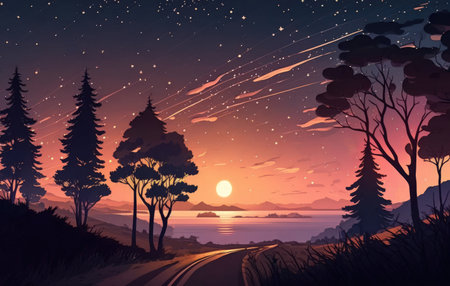 lovely sunset at night with stars overheadの素材