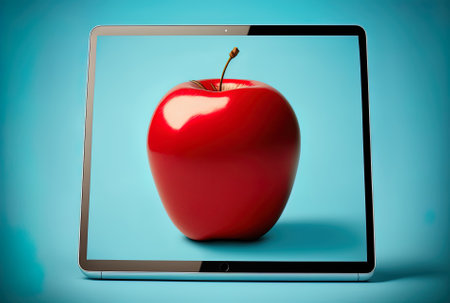 Near the digital tablet with a blank screen and a blue background is a whole red apple.の素材