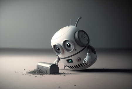 The trash is cleaned by a little white vacuum cleaner robot on a gray laminate surfaceの素材