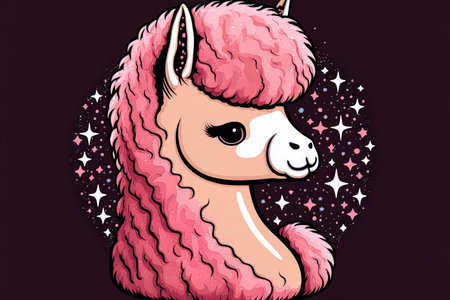 Pink alpaca with a unicorn horn in a cartoonish style isolated on a starry backgroundの素材