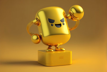 On a yellow background a golden prize trophy has a rechargeable battery powered mascot figure.の素材