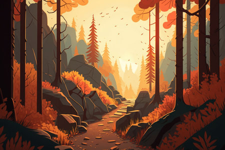 At sunset a lovely fall forest mountain trailの素材