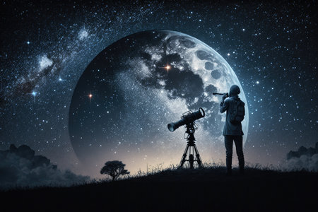 Astronomer with a telescope watching at the stars and Moonの素材