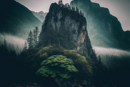 Beautiful image of a foggy day and a steep rock in the mountains with vegetation on topの素材