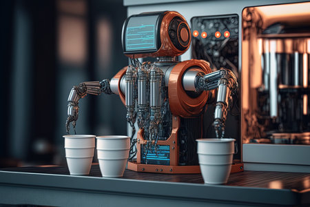 Automatic technology in beverage shop artificial intelligence robotic arm serving in coffee shopの素材