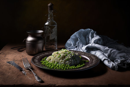 Dinner plate with peas and rice with a spoon a sauerkraut towel and a dark table in the backgroundの素材