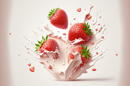strawberries on a white background with a milk splashの素材