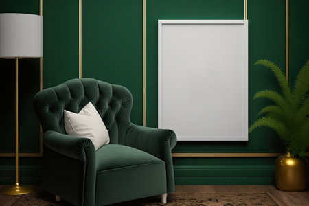 A poster with vertical frames on an empty dark green wall with a velvet seat in the living roomの素材