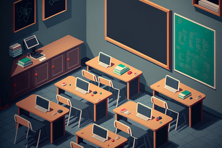 a classroom with desks and seats inside and a blackboard in the front. digital drawing on a computerの素材