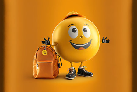 Yellow backdrop with a golden loyalty program bonus coin figure mascot and an orange travel bagの素材
