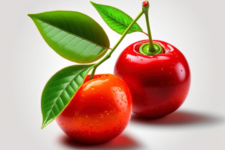 On a white backdrop two red juicy Acerola cherries with a green leaf are isolated. route clippingの素材