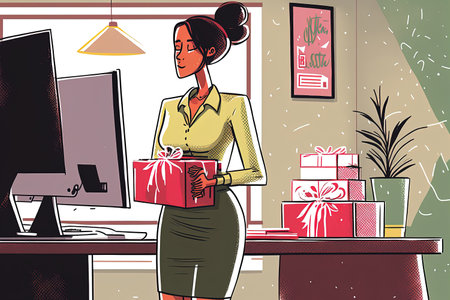 A businesswoman stands at her desk on Christmas Day clutching a present package and a noteの素材