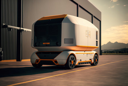 A delivery vehicle is a warehouse at a logistic center with an autonomous guided vehicleの素材