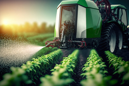 Agriculture technology farm automation smart robotic farmer fertilizer spraying on green food plantsの素材