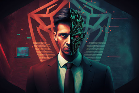 A businessman using antivirus software to thwart a cyberattack is seen in the backgroundの素材