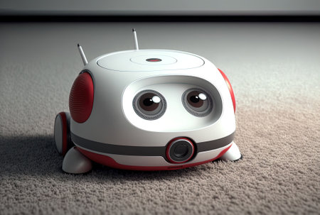 A white robot vacuum cleaner with a red dog on it cleans the gray carpet while looking upの素材