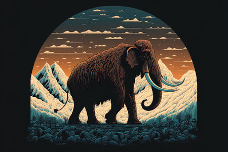 Animated cartoon artwork of an ancient mammoth on a cold landscape with rocks in the backdropの素材