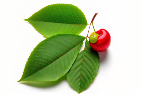 A green leaf and a juicy red Acerola cherry are isolated on a white backdrop. route clippingの素材