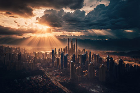 Aerial picture of Kuala Lumpur in the early morning hours with a stunning sky clouds and sunbeamsの素材
