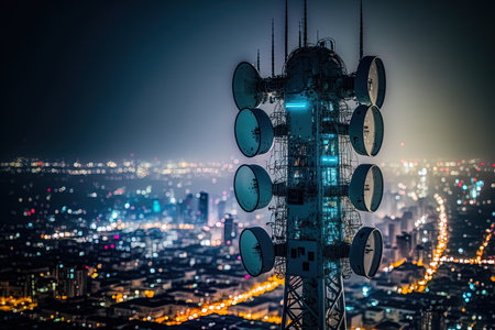 Antenna for the 5G cellular network atop a communications tower in a nighttime metropolisの素材