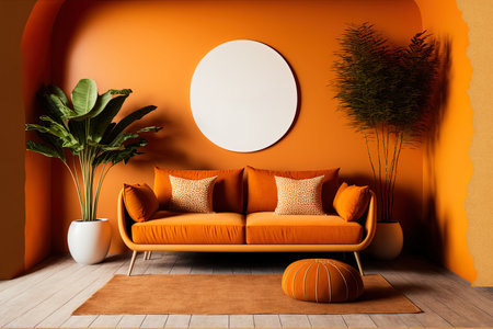 Bohemian orange interior with furnishings and a blank wall. mockup for an illustrationの素材