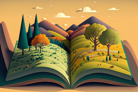 Cartoonish backdrop of a landscape picture of a scene. layout of a book. Nature based ideaの素材