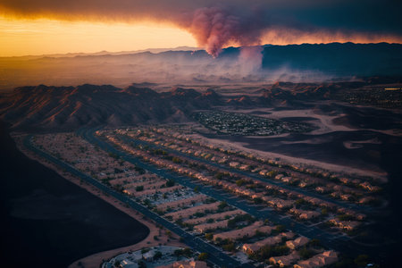 Aerial View of Silverado Fire Smoke Covering Middle Class Neighborhoods in Orange County Californiaの素材