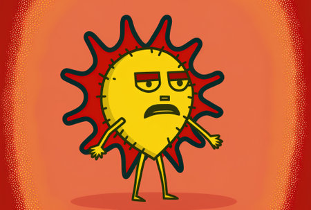 Cartoon figure representing the covid 19 coronavirus with a red heart against a yellow backdropの素材