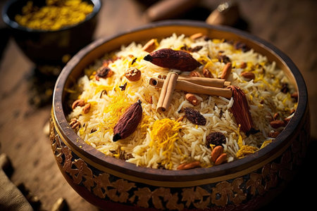 Basmati rice cooked with spices saffron and dried fruits to create the Kashmiri pulaoの素材