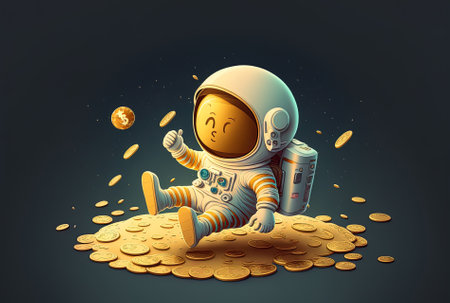 Cartoon image of a cute astronaut floating with a gold coin in science and finance isolationの素材