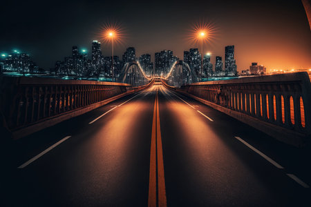 Asphalt road beneath the bridge is deserted at night with a stunning city skyline in the backdropの素材