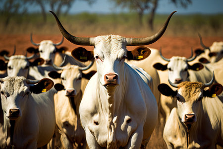 Beautiful Nelore cattle herd in Mato Grosso do Sul Brazil with hundreds of heads on the grasslandの素材