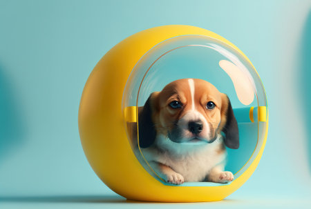 cute beagle dog looking out of a pet wheel on blue backgroundの素材