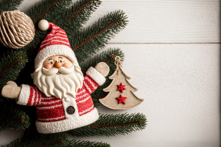 Christmas decoration of a fir tree with Santa and a mitten on a white wooden backgroundの素材