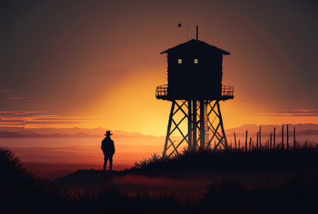 At dawn a rural scene features the silhouette of a hunting or observation tower on a fieldの素材