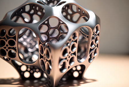 Closeup of an object made on metal using a 3 D printer and set against a white backdropの素材