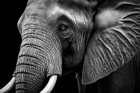 Close up textured black and white image of an African elephantの素材