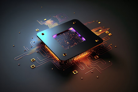 Concept of the metaverse and an abstract glowing chip circuit hologram on a dark backgroundの素材