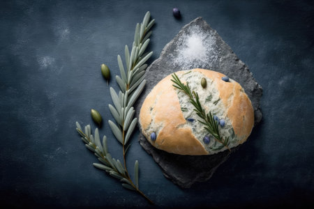Ciabatta bread olives and fresh rosemary on a slate gray backgroundの素材