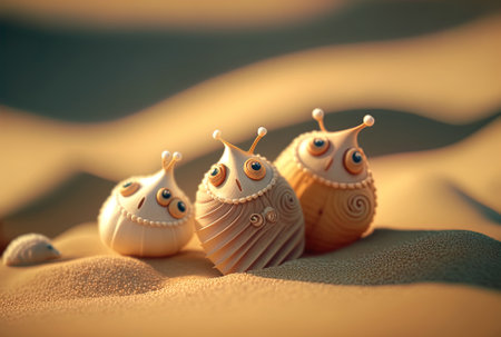 Idea for a screensaver or advertisement close up selective focus of seashells on a sandy beachの素材