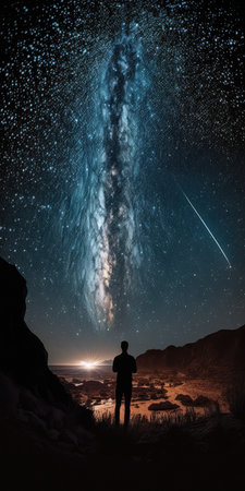 Man observing the night sky and Milky way with a shooting star trail. My astronomy workの素材