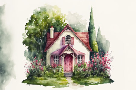 House cottage isolated on a white backdrop with a green grass. hand drawn in watercolorの素材